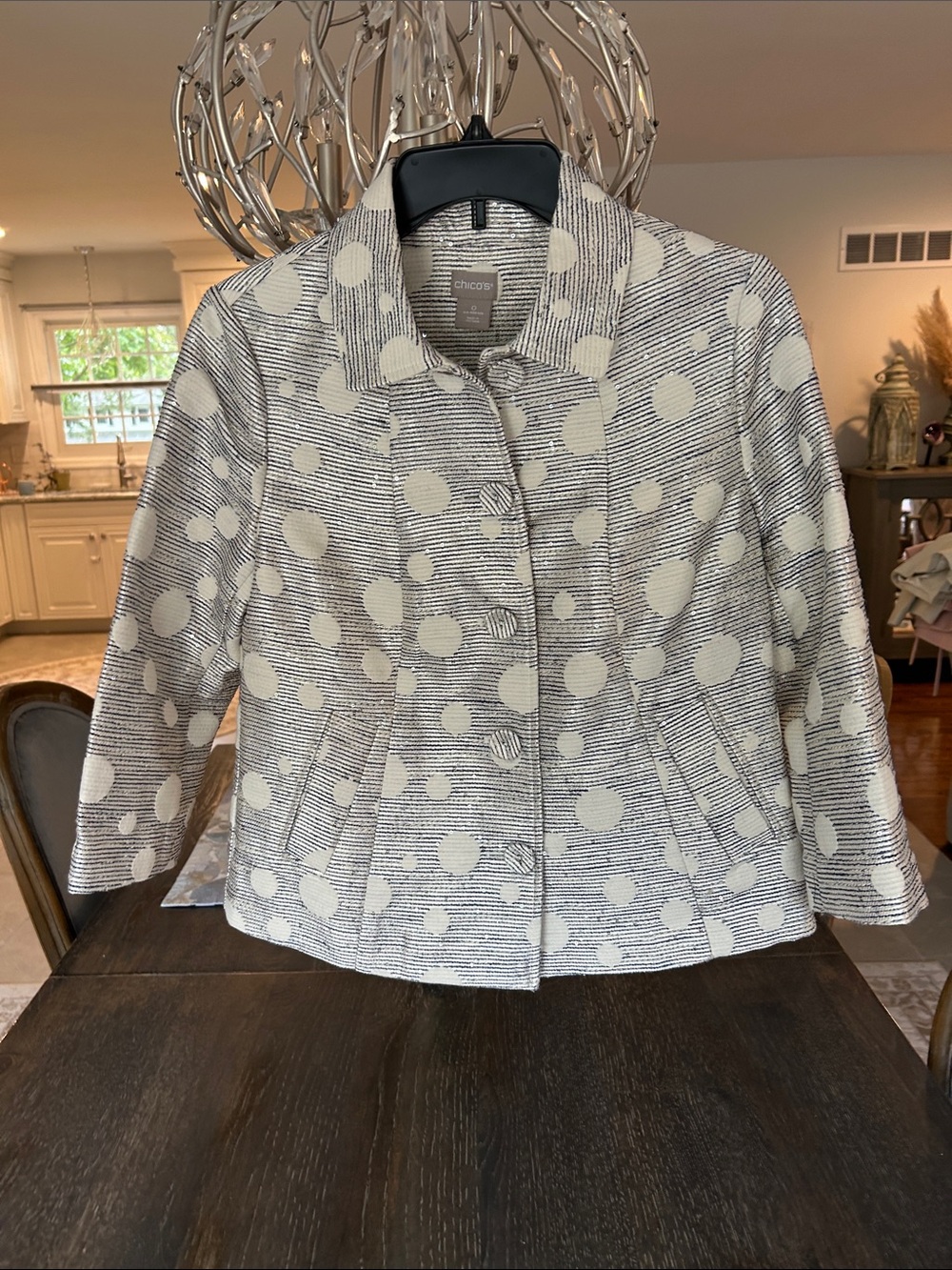 Chico's Cream and Black Polka Dot Textured Jacket